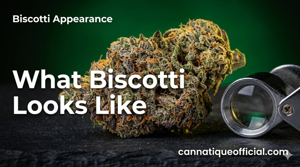 Biscotti strain guide appearance: dense green flower with purple tones and heavy frost