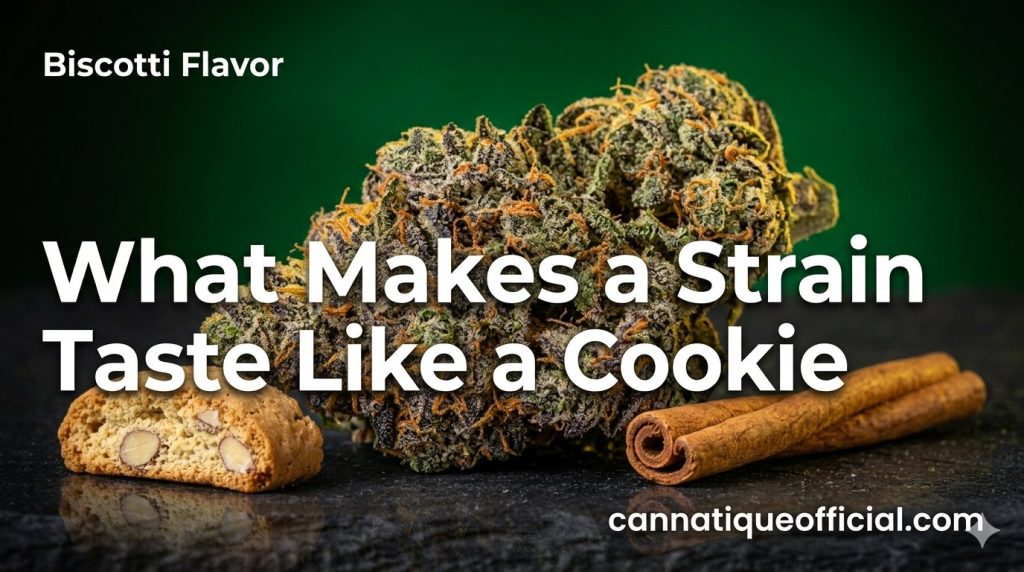 Biscotti strain guide flavor: frosty bud beside a baked cookie and whole spices