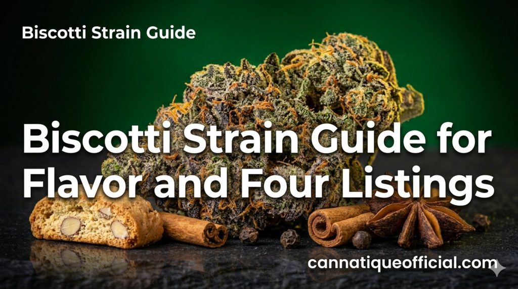 Biscotti strain guide hero: dense frosty flower beside cookies and spices on a dark background