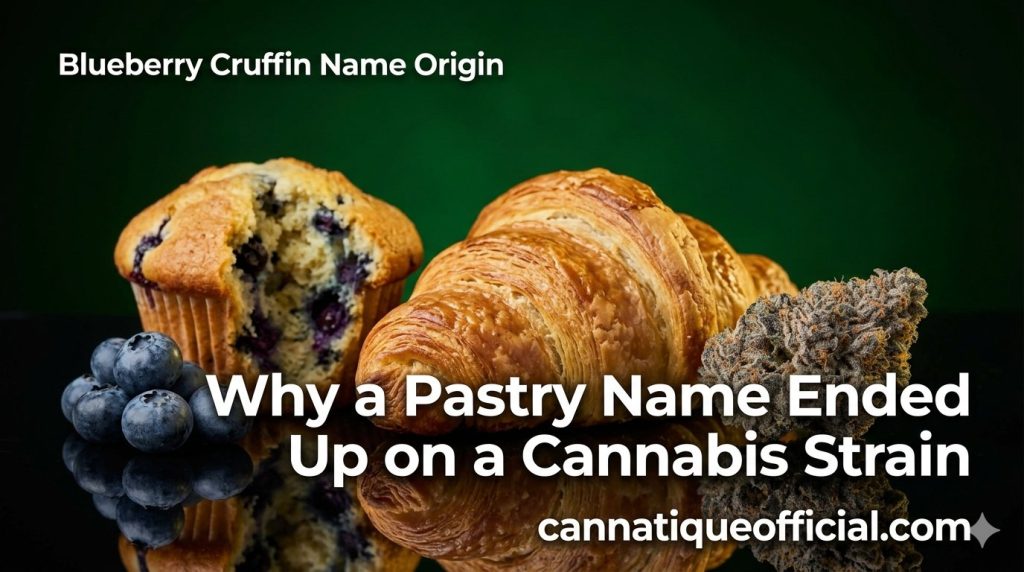 Blueberry cruffin strain guide name origin: a muffin, a croissant and blueberries beside a single bud