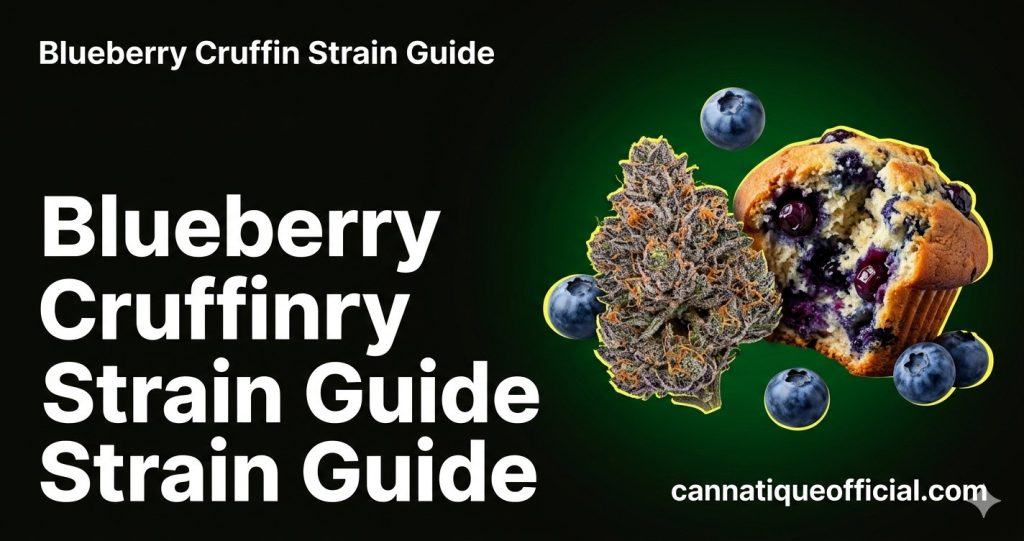 Blueberry cruffin strain guide featured image: blueberry muffin and fresh blueberries beside frosty flower on a dark background