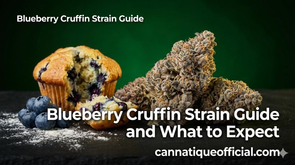  Blueberry cruffin strain guide hero: frosty purple-green flower beside a blueberry muffin and fresh blueberries
