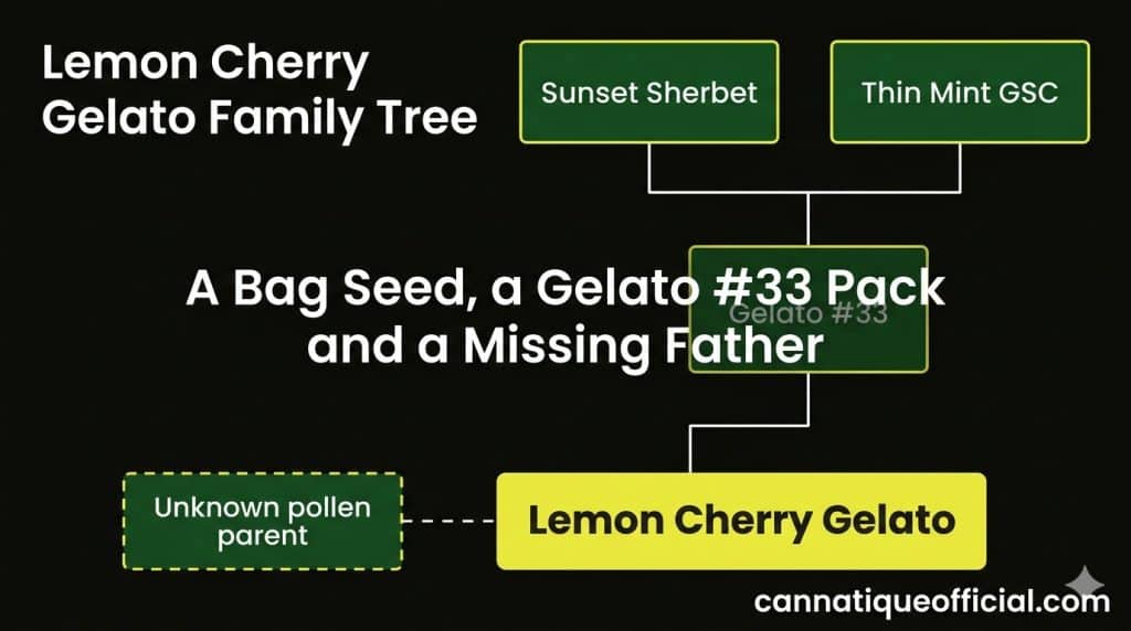 Lemon cherry gelato strain guide family tree: Sunset Sherbet and Thin Mint GSC lead to Gelato #33, then to Lemon Cherry Gelato with an unknown pollen parent