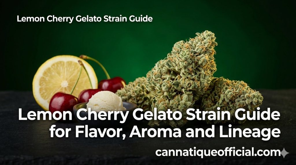 Lemon cherry gelato strain guide hero: frosty light-green flower beside a lemon slice, ripe cherries and a scoop of cream gelato