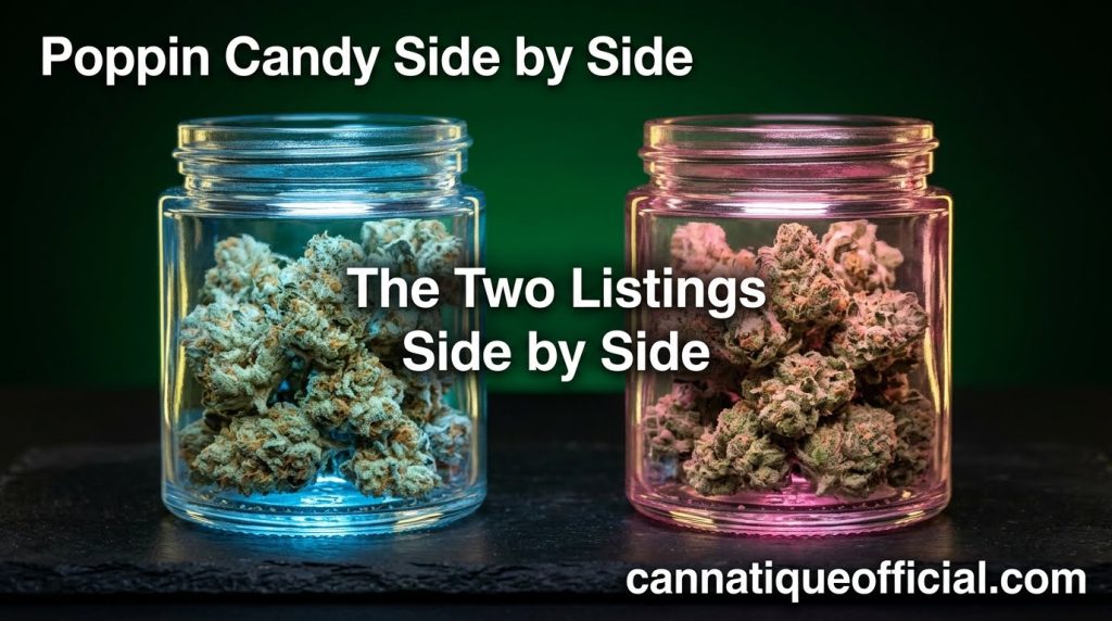 Poppin candy strains side by side: a blue candy jar and a pink candy jar with frosty flower