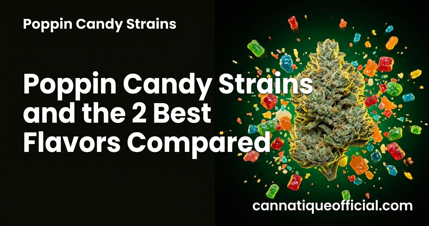 Poppin candy strains featured image: popping candy bursting around frosty flower on a dark background