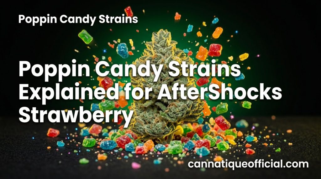 Poppin candy strains hero: bursting colorful candy pieces around a frosty cannabis bud on a dark background
