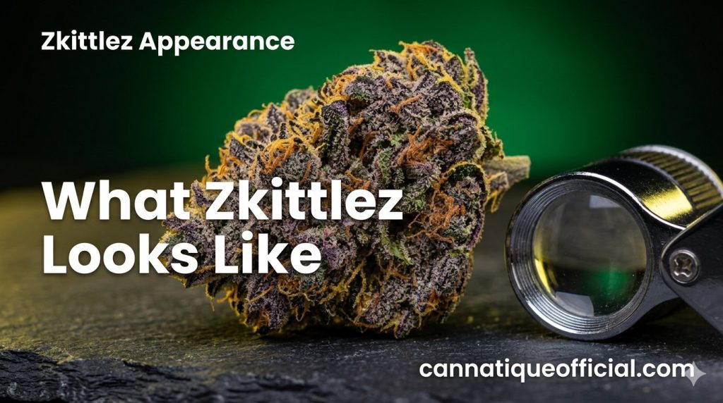 Zkittlez strain guide appearance: dense purple-green resin-coated flower on dark slate