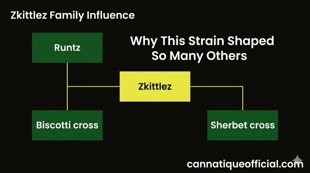 Zkittlez strain guide family influence: Zkittlez at the center with arrows to cross names