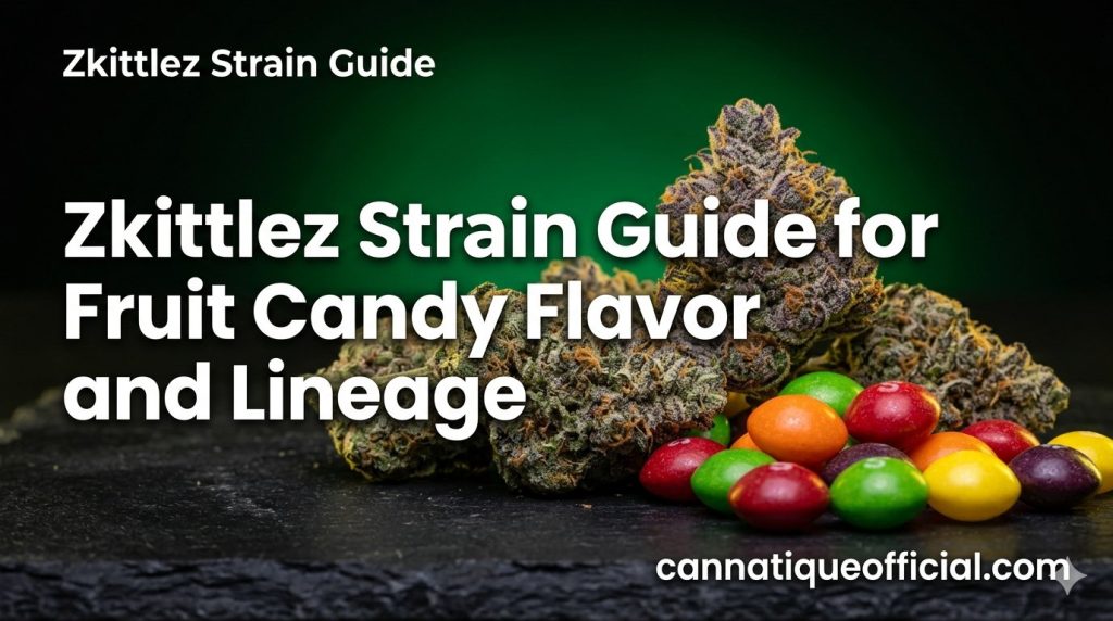 Zkittlez strain guide hero: colorful candies beside dense frosty flower on a dark background